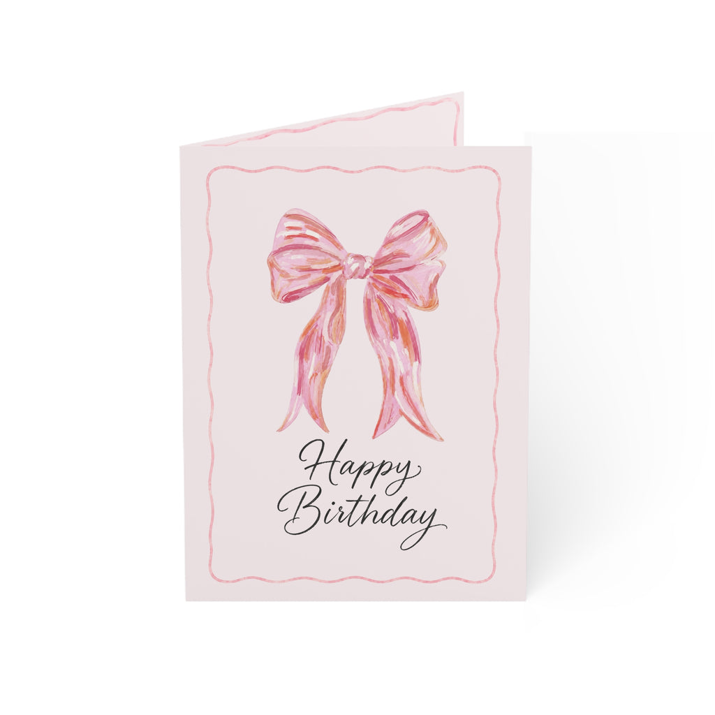 Pink Bow "Happy Birthday" Greeting Card — Elegant Feminine Birthday Cards (1, 10, 30, 50 pcs)