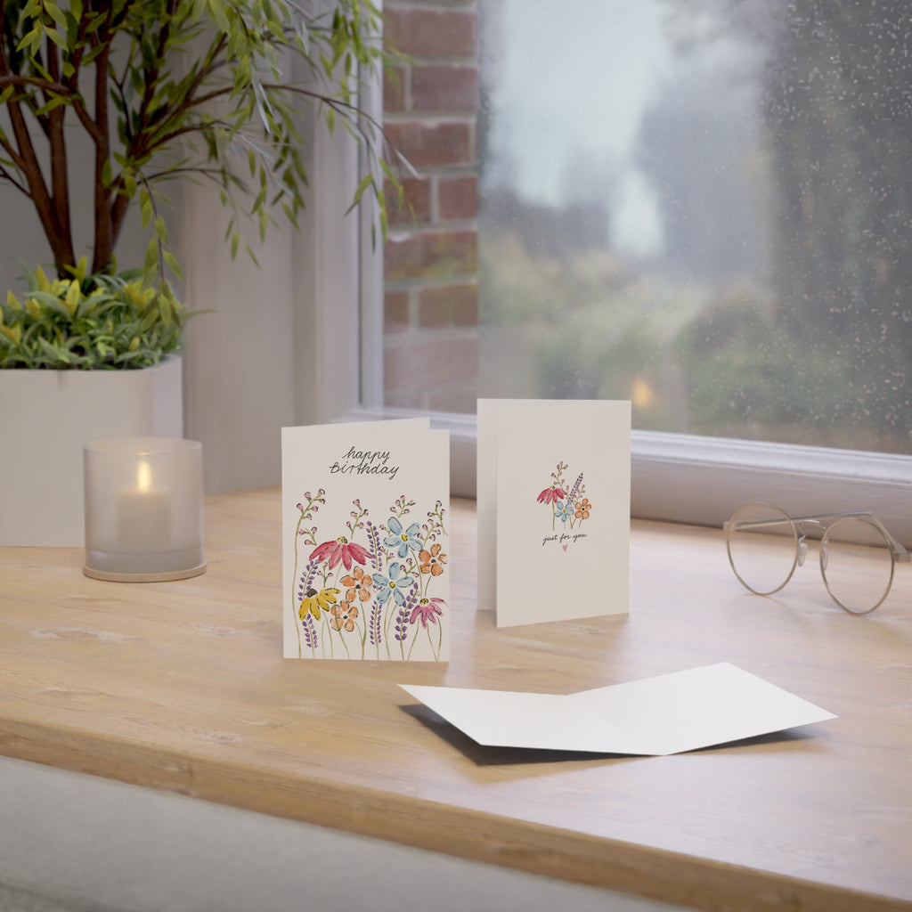 Floral Birthday Greeting Cards — Watercolor Wildflower "Happy Birthday" & "Just For You" Packs (1/10/30/50)