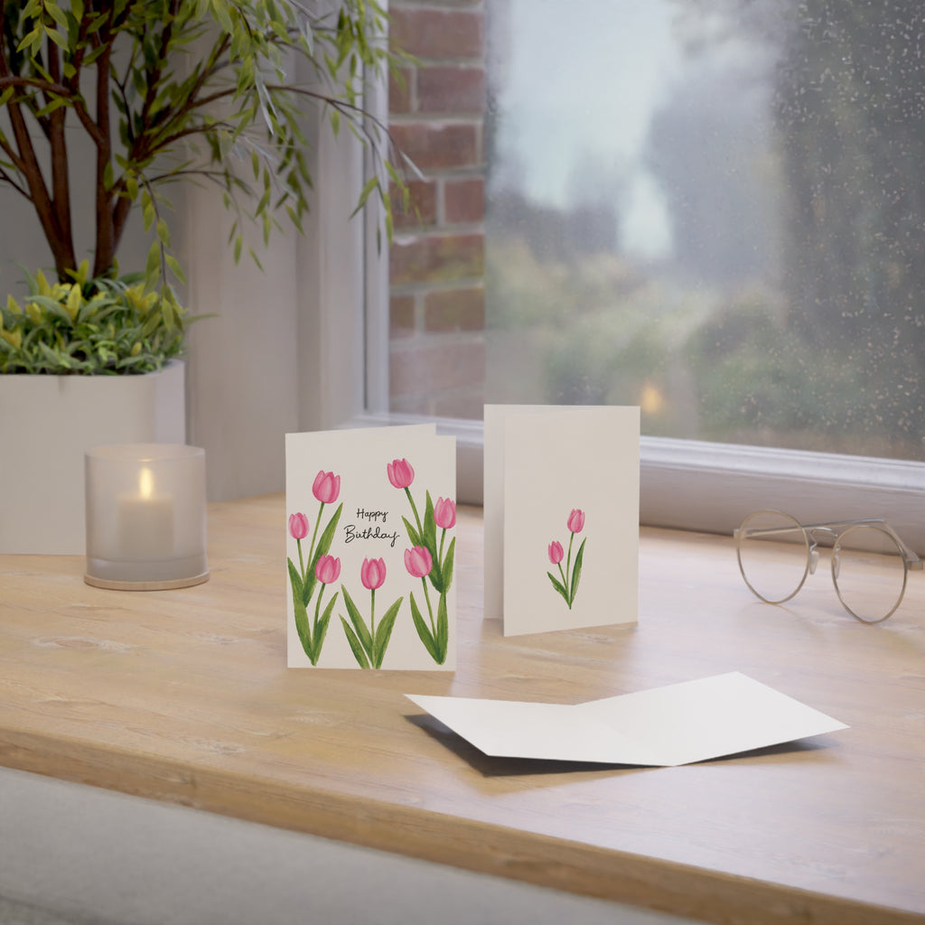 Birthday Tulip Greeting Card — Pink Watercolor Floral Cards (Single or Bulk Packs)