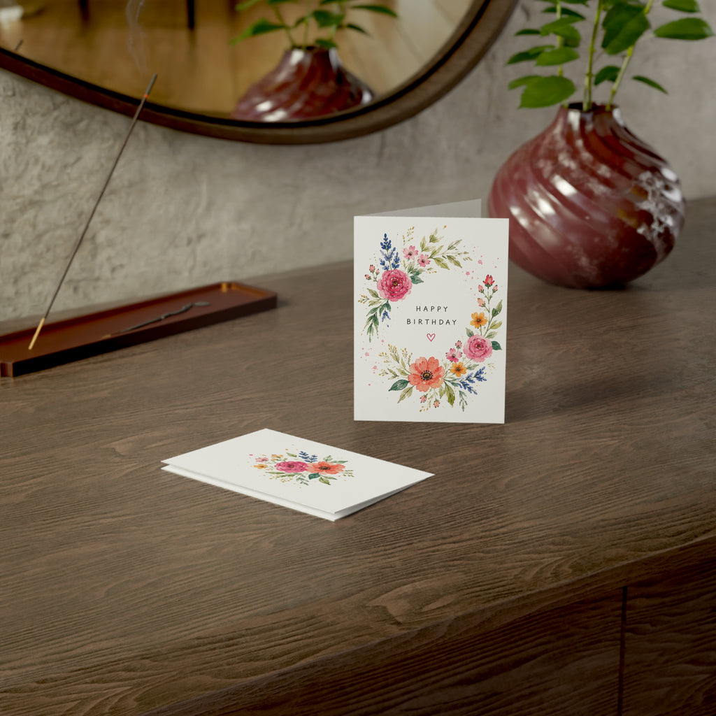 Floral Happy Birthday Greeting Cards — Watercolor Flower Wreath (1/10/30/50 Pack)
