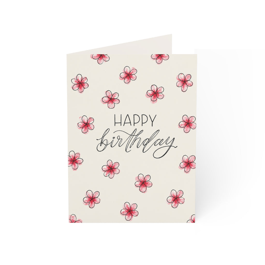 Happy Birthday Floral Greeting Card — Pink Watercolor Flowers (Pack of 1/10/30/50)