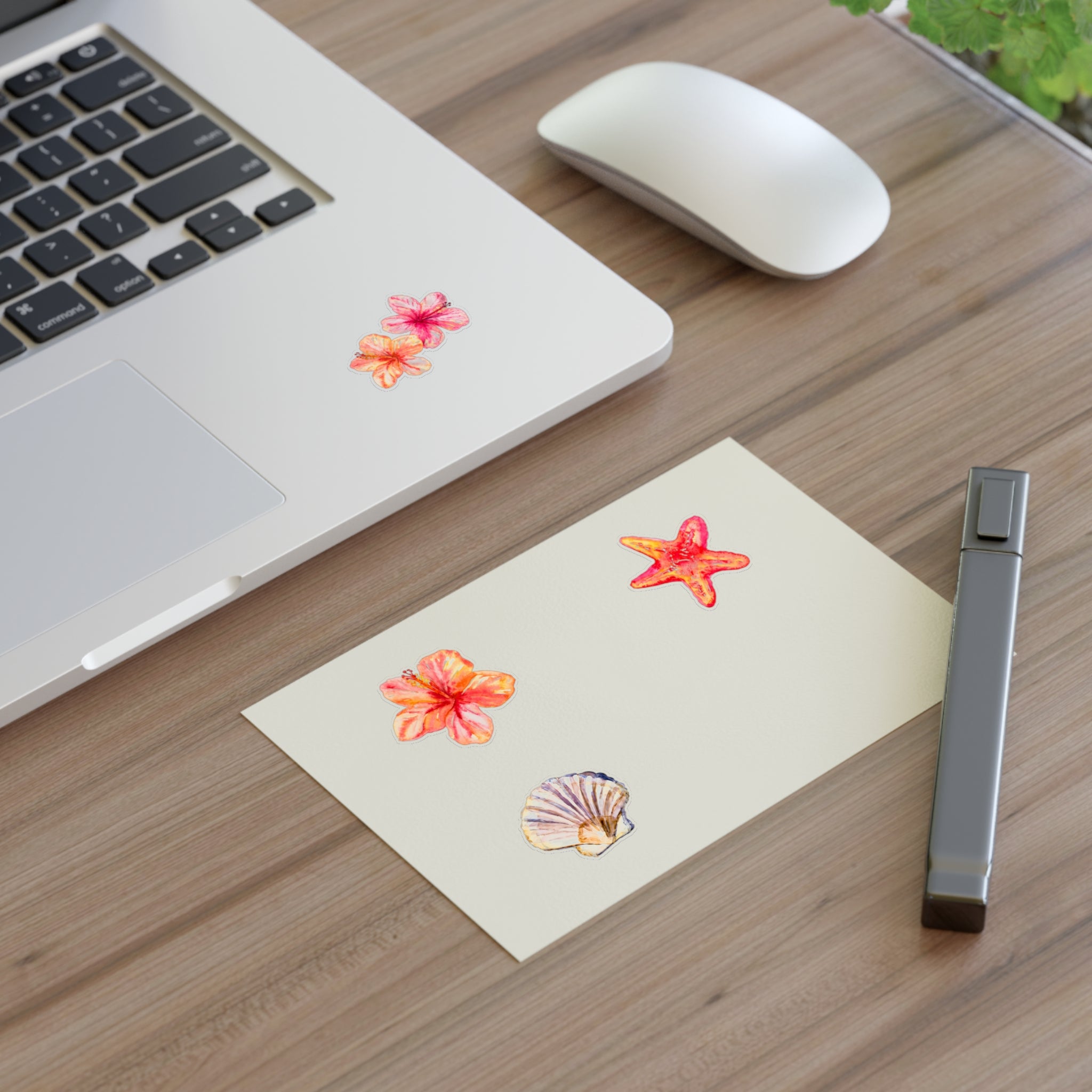 Beach Floral Sticker Sheet — Tropical Plumeria, Starfish & Seashell Decals