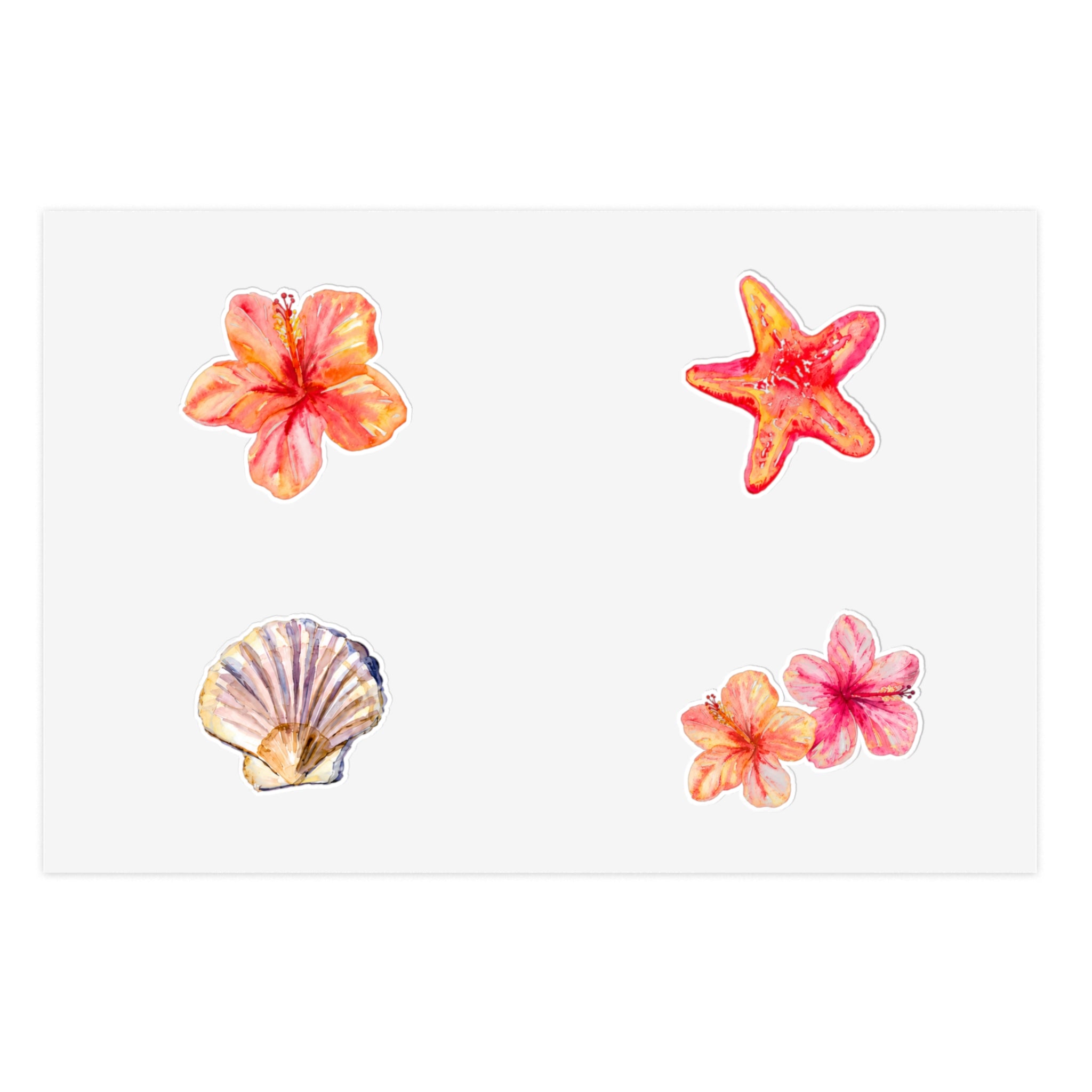 Beach Floral Sticker Sheet — Tropical Plumeria, Starfish & Seashell Decals