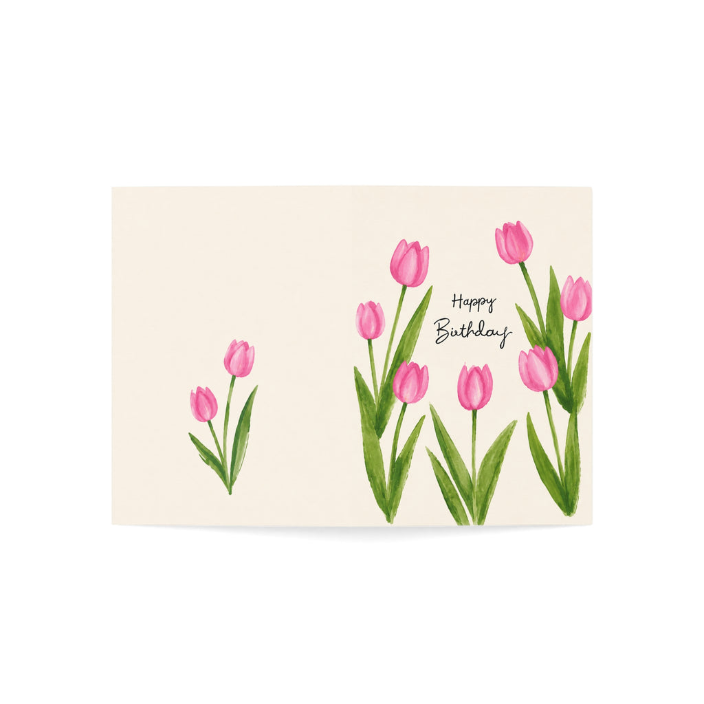 Birthday Tulip Greeting Card — Pink Watercolor Floral Cards (Single or Bulk Packs)