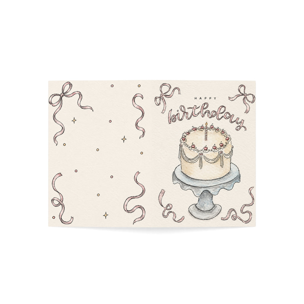 Birthday Cake Greeting Card — Handmade Watercolor Cake with 'Happy Birthday' Text