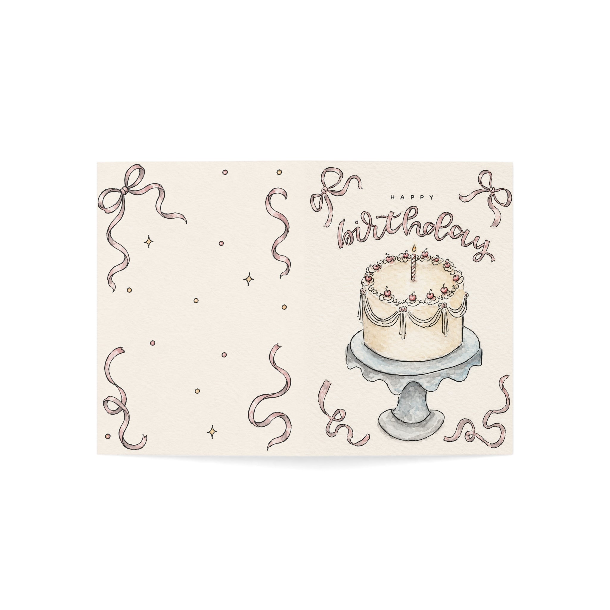 Birthday Cake Greeting Card — Handmade Watercolor Cake with 'Happy Birthday' Text