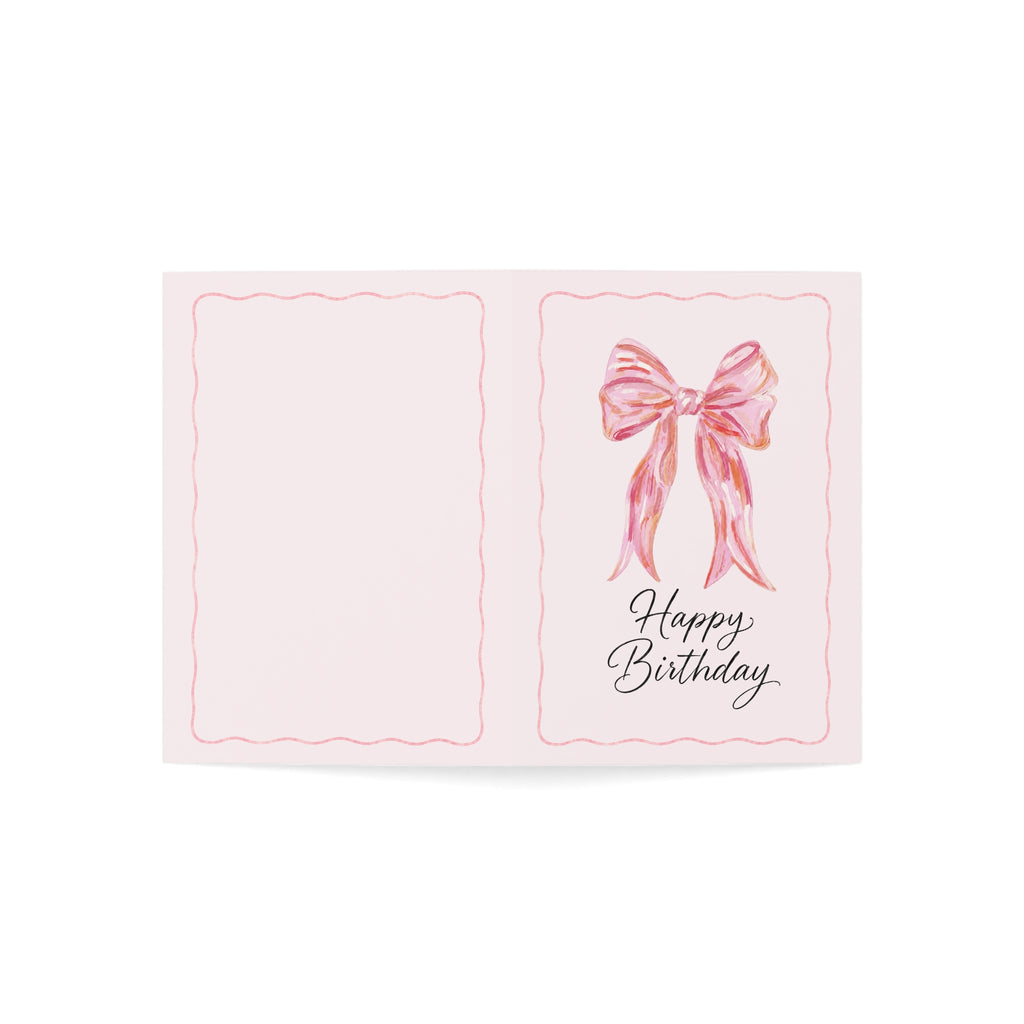 Pink Bow "Happy Birthday" Greeting Card — Elegant Feminine Birthday Cards (1, 10, 30, 50 pcs)