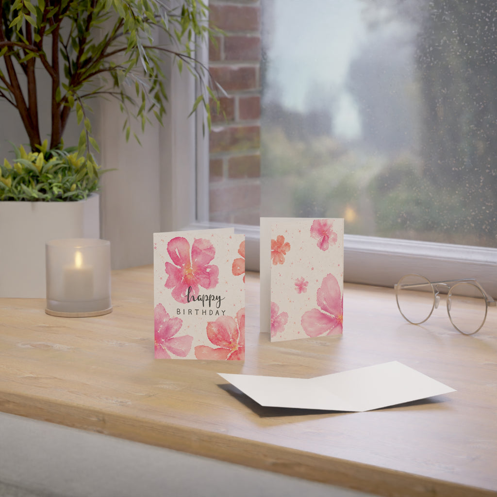 Birthday Cards — Pink Watercolor Floral Greeting Cards (Pack of 1, 10, 30, 50)