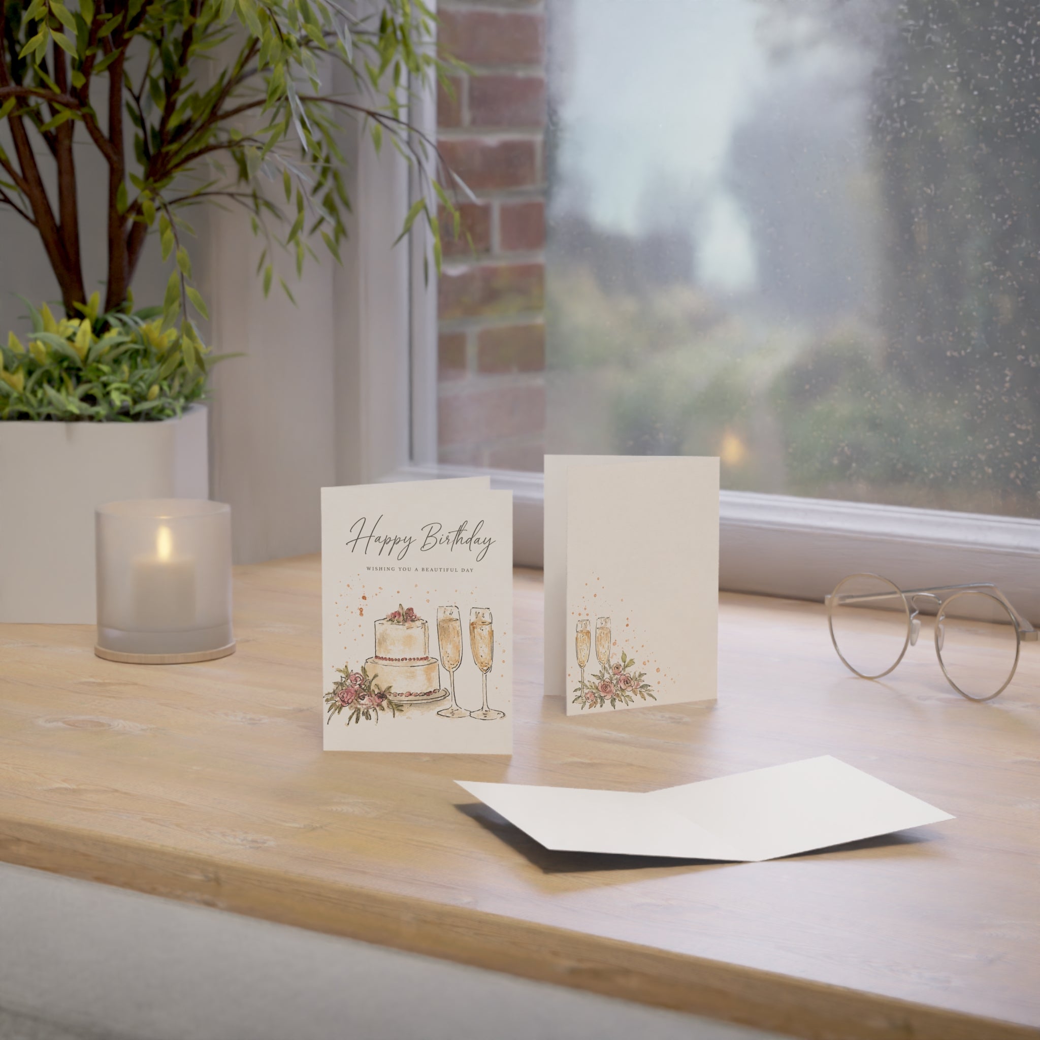 Birthday Greeting Card — Elegant Cake & Champagne Design (1–50 pcs)