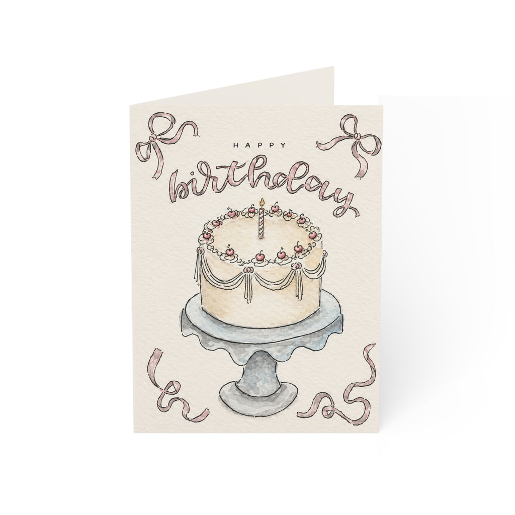 Birthday Cake Greeting Card — Handmade Watercolor Cake with 'Happy Birthday' Text
