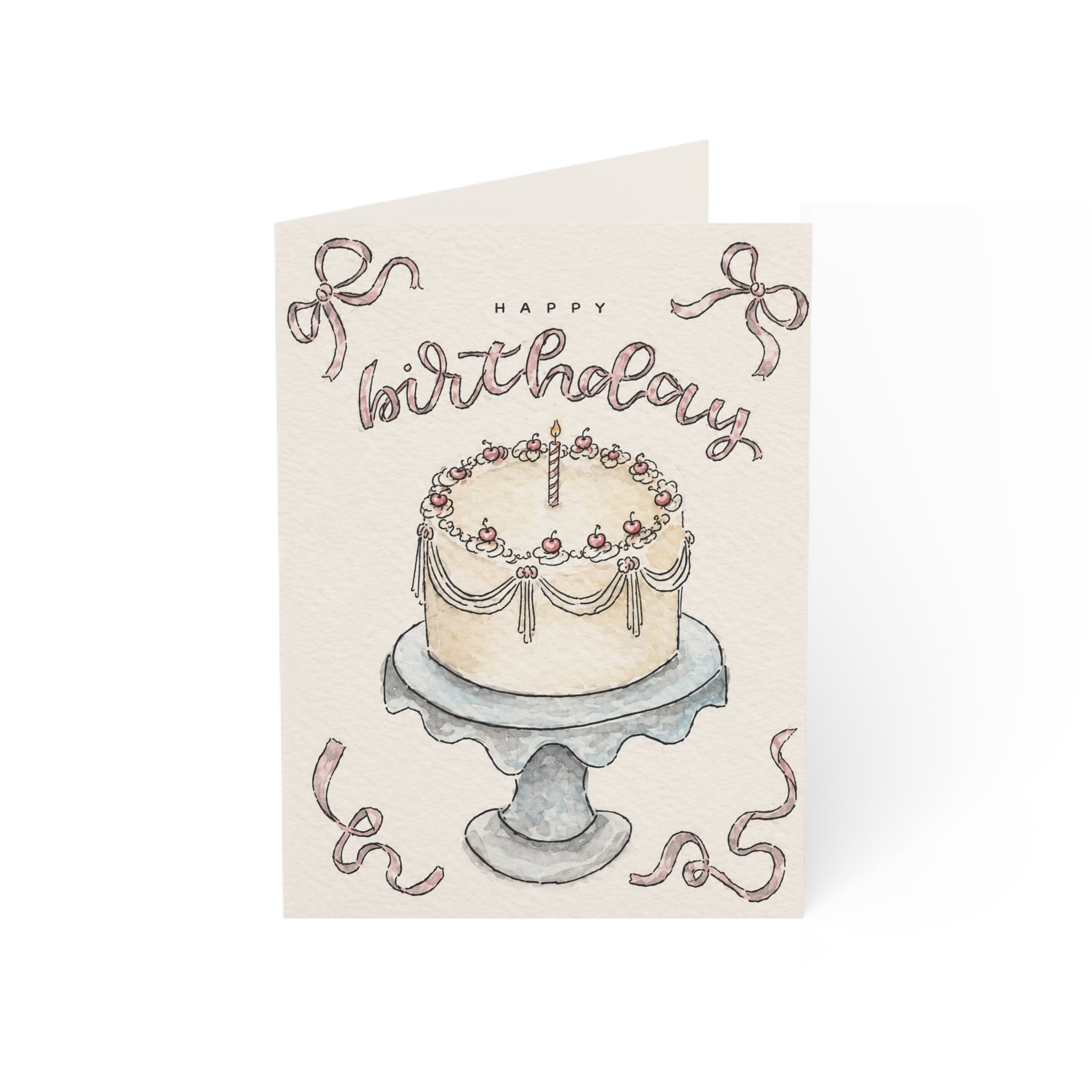 Birthday Cake Greeting Card — Handmade Watercolor Cake with 'Happy Birthday' Text