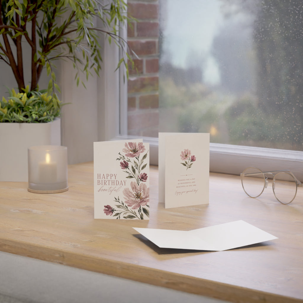 Floral "Happy Birthday Beautiful" Greeting Card — Pack of 1/10/30/50
