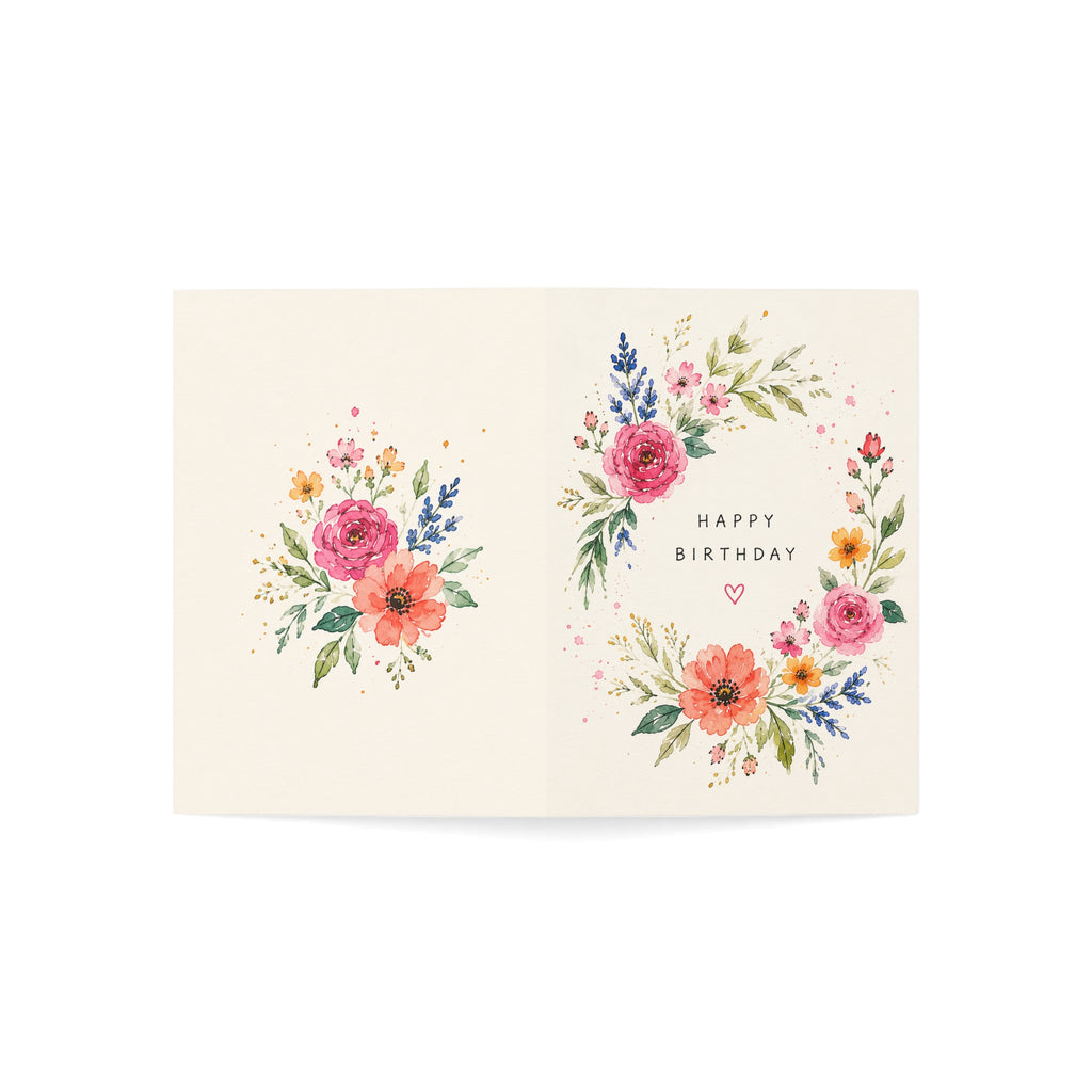 Floral Happy Birthday Greeting Cards — Watercolor Flower Wreath (1/10/30/50 Pack)