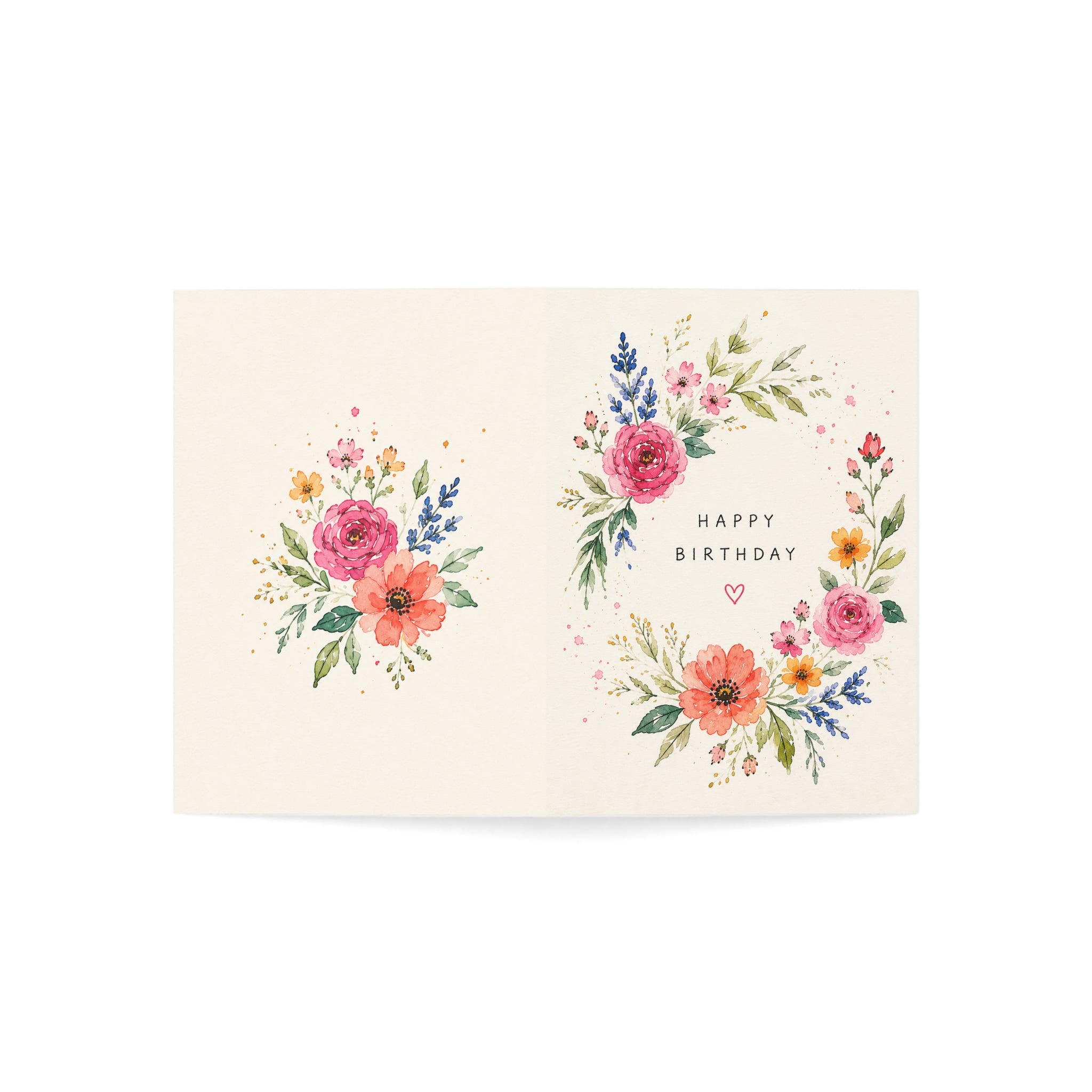 Floral Happy Birthday Greeting Cards — Watercolor Flower Wreath (1/10/30/50 Pack)