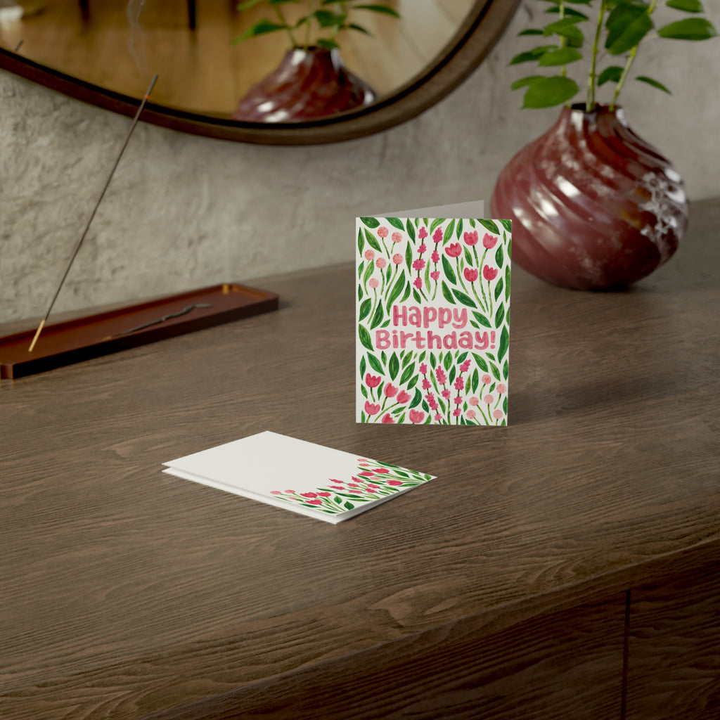 Birthday Greeting Card — Pink Floral "Happy Birthday!" Folded Card (1/10/30/50 pcs)