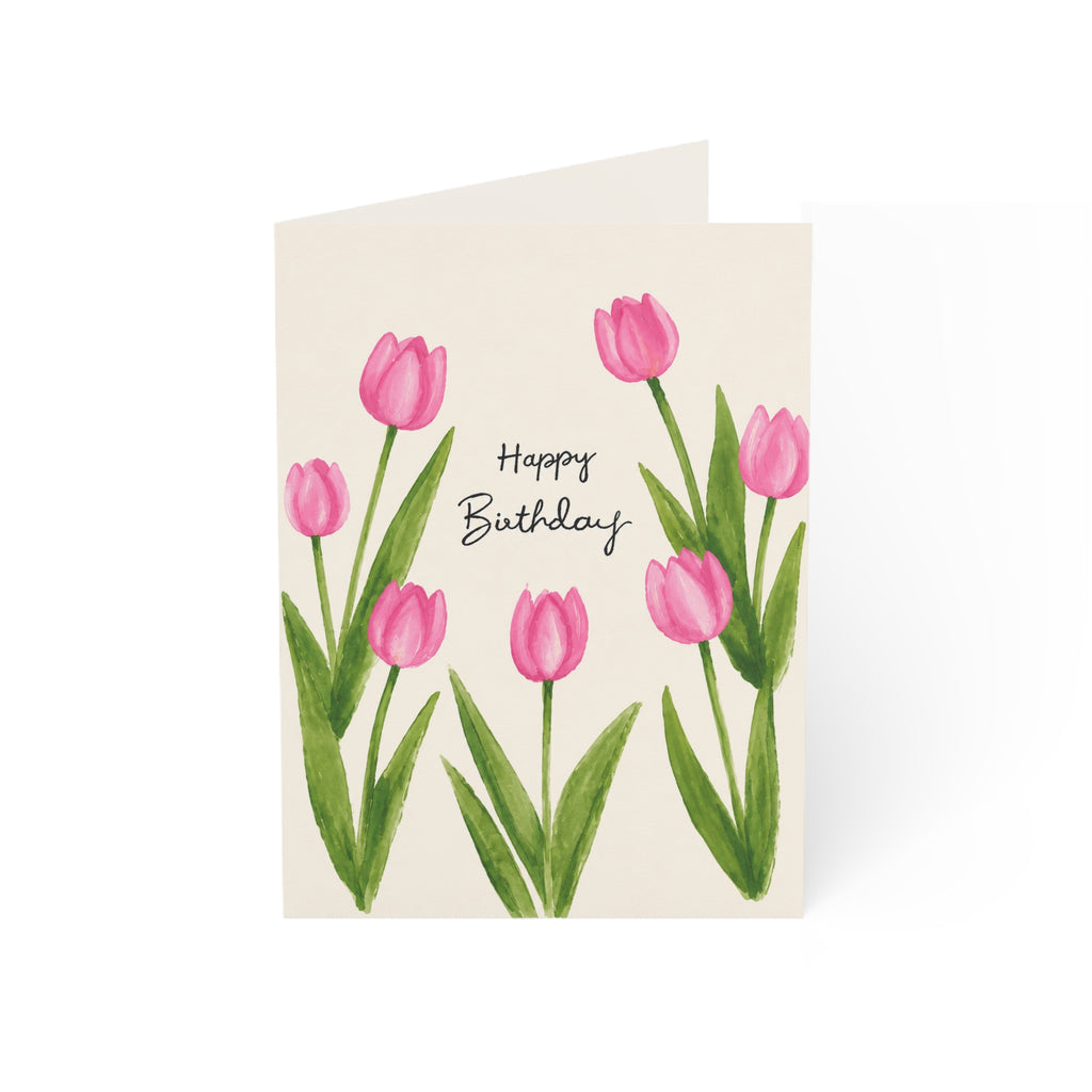 Birthday Tulip Greeting Card — Pink Watercolor Floral Cards (Single or Bulk Packs)