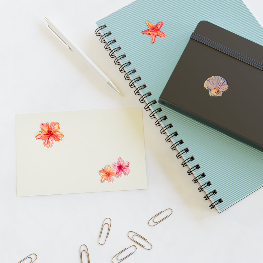 Beach Floral Sticker Sheet — Tropical Plumeria, Starfish & Seashell Decals