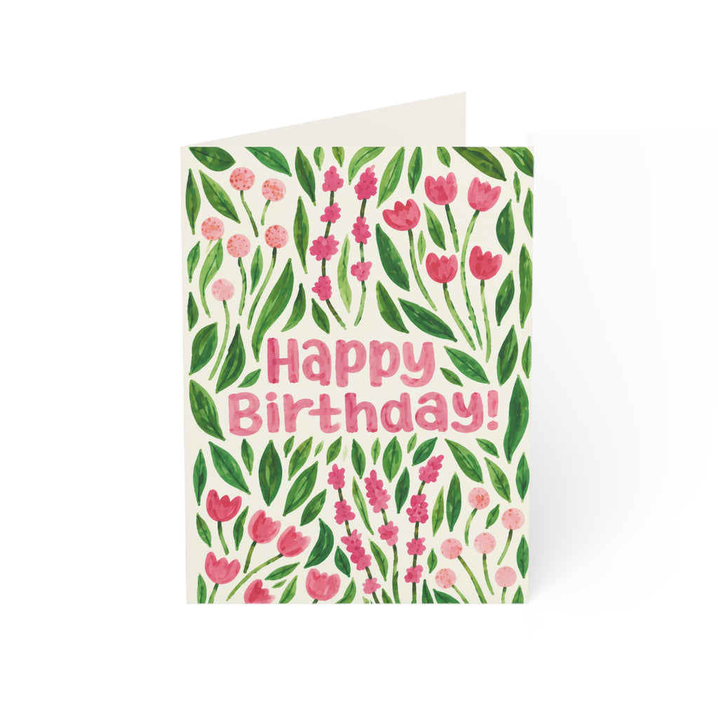 Birthday Greeting Card — Pink Floral "Happy Birthday!" Folded Card (1/10/30/50 pcs)