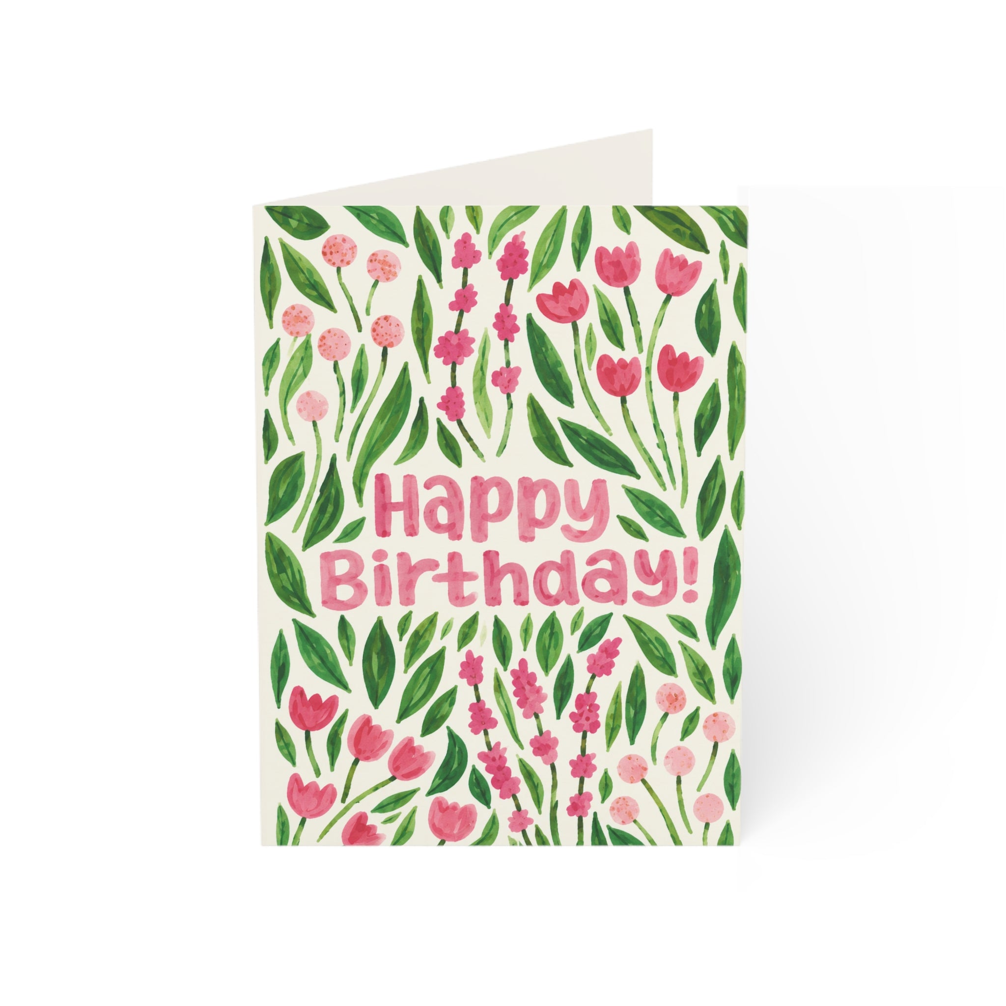 Birthday Greeting Card — Pink Floral "Happy Birthday!" Folded Card (1/10/30/50 pcs)