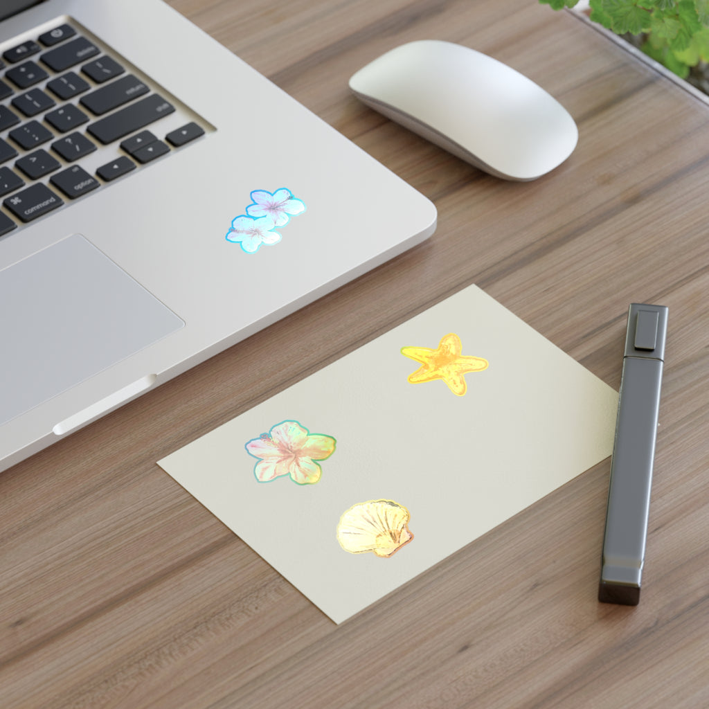 Beach Floral Sticker Sheet — Tropical Plumeria, Starfish & Seashell Decals