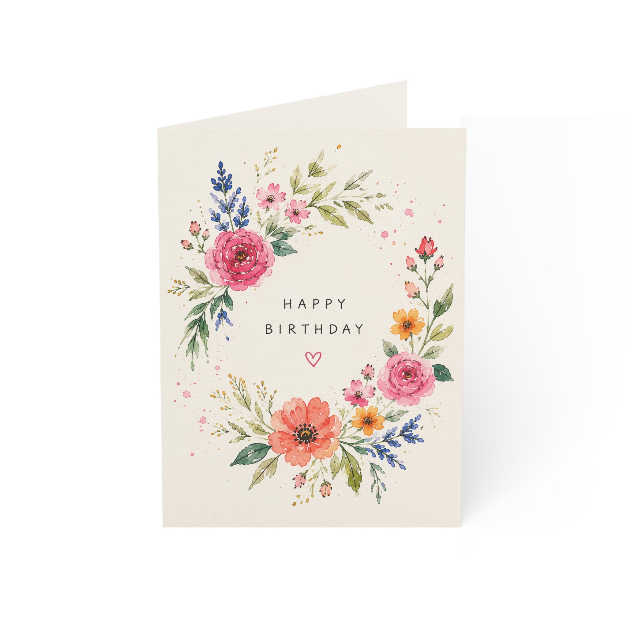 Floral Happy Birthday Greeting Cards — Watercolor Flower Wreath (1/10/30/50 Pack)