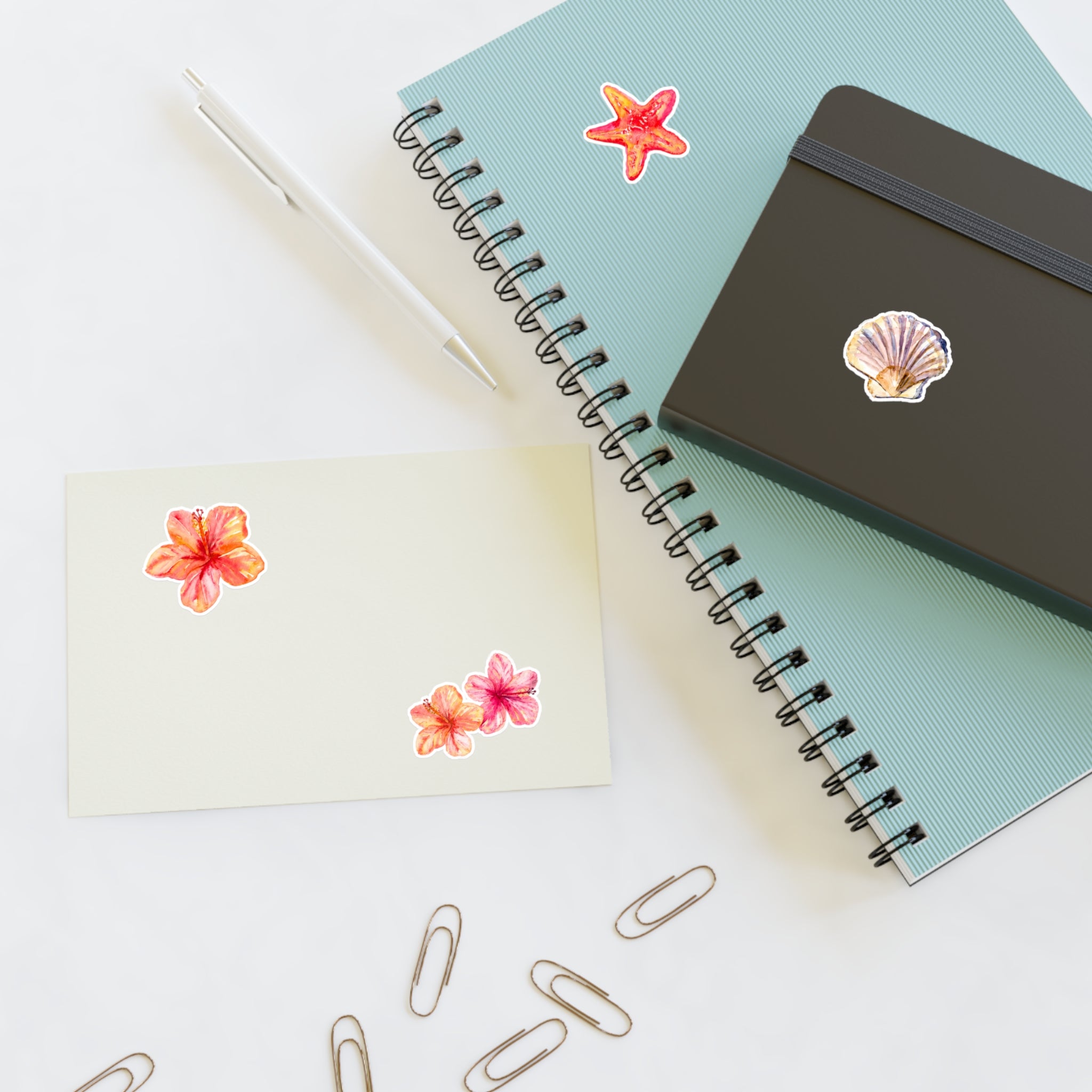 Beach Floral Sticker Sheet — Tropical Plumeria, Starfish & Seashell Decals