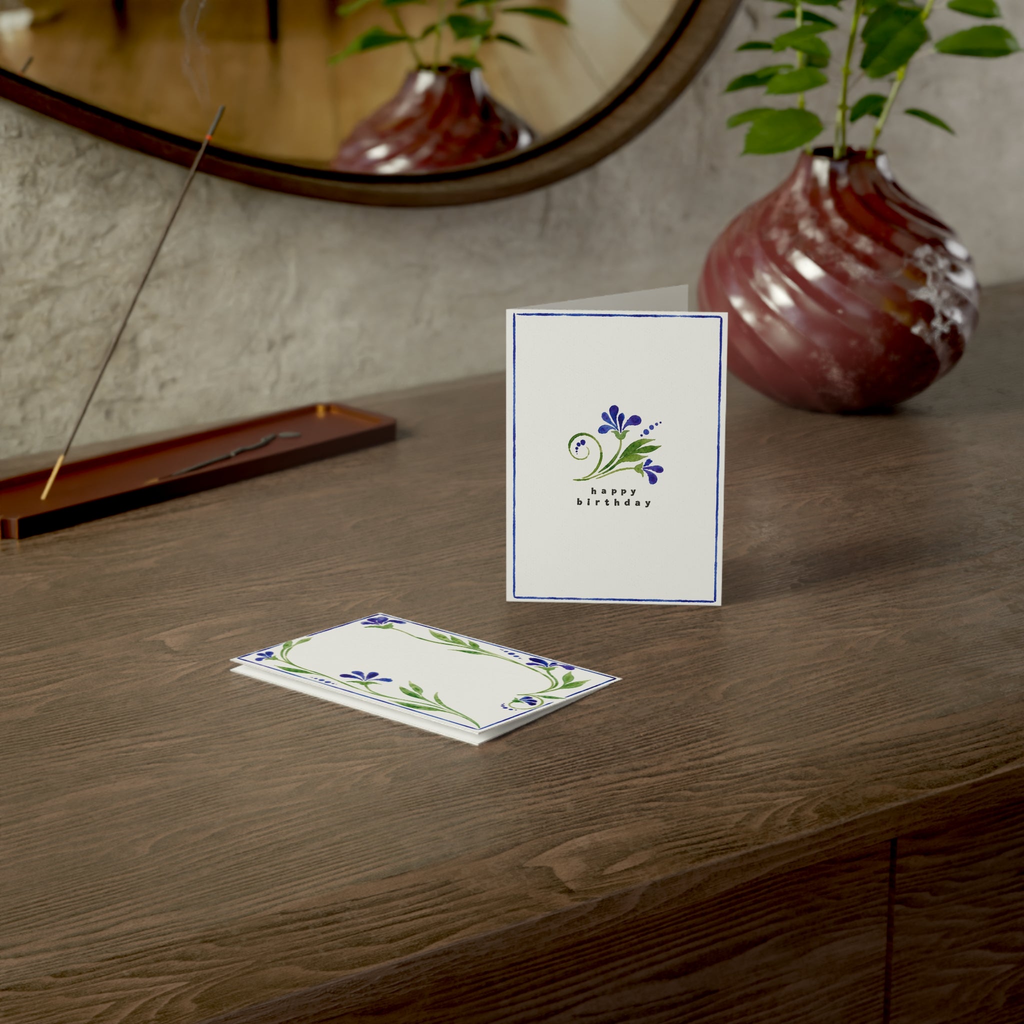 Birthday Greeting Cards — Blue Floral Watercolor Note Cards (1/10/30/50 pcs)