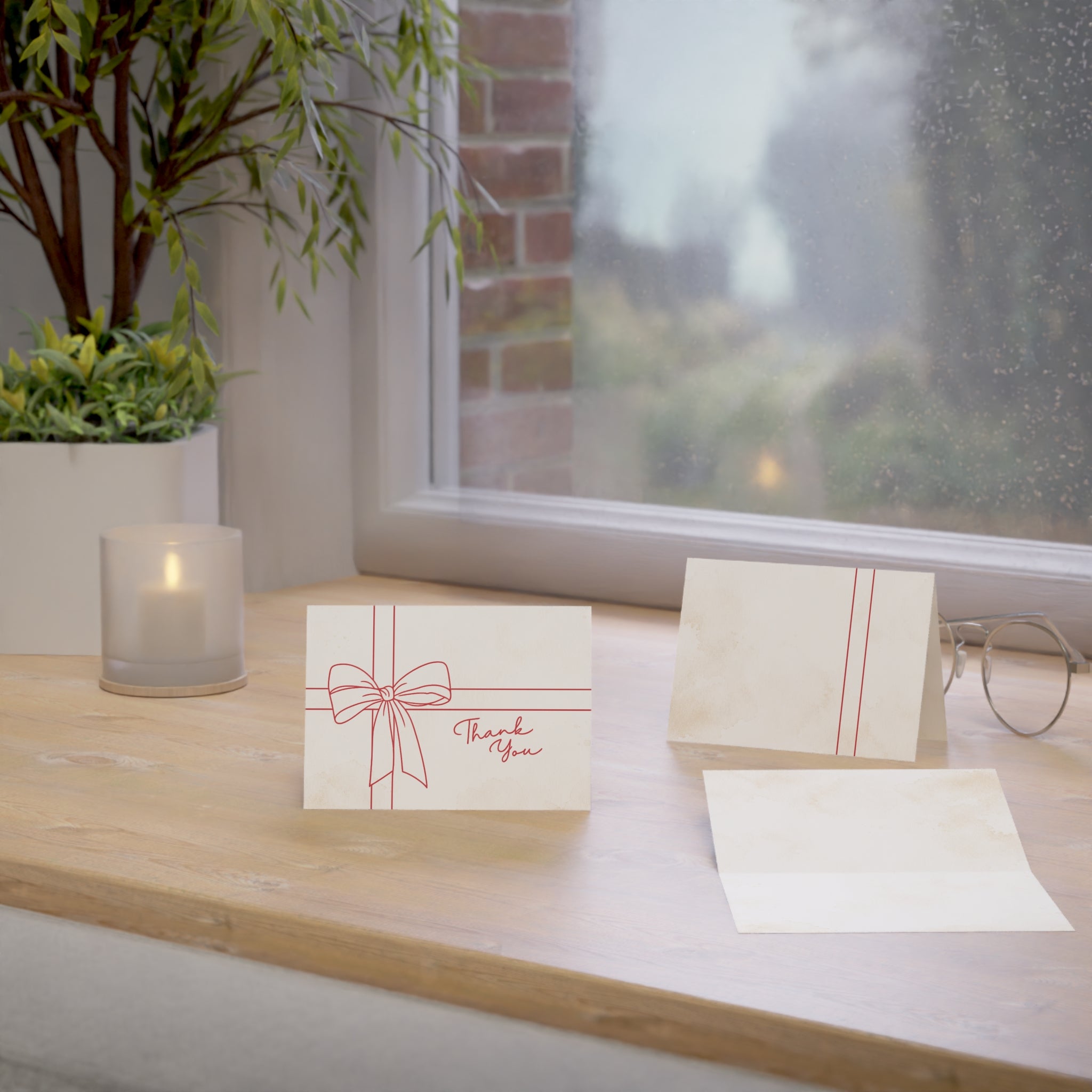 Greeting Cards — Minimal Red Bow Folded Cards (Set of 1, 10, 30, 50)