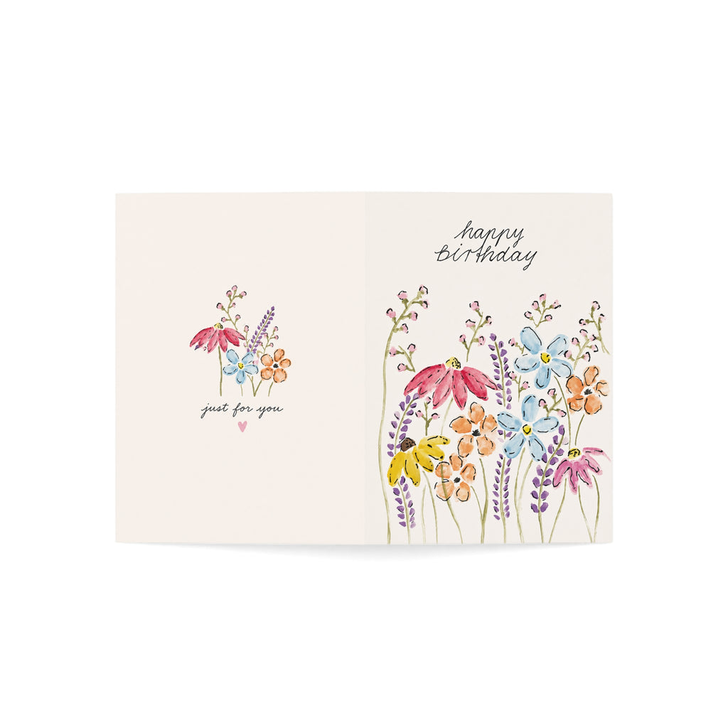 Floral Birthday Greeting Cards — Watercolor Wildflower "Happy Birthday" & "Just For You" Packs (1/10/30/50)