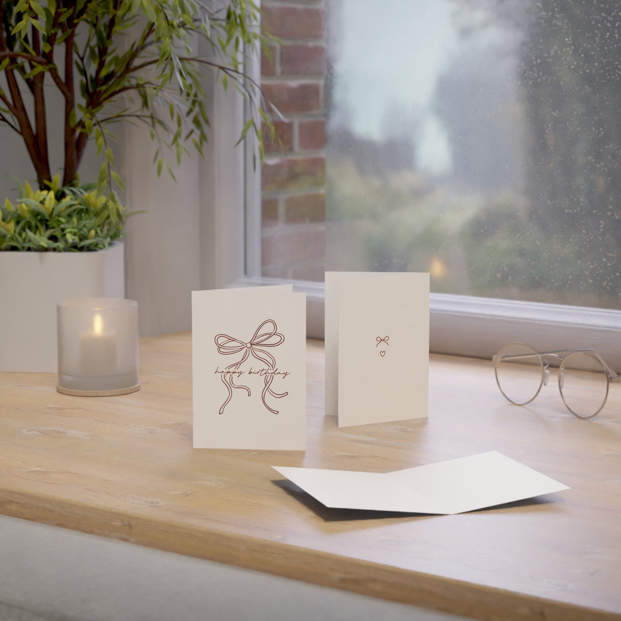 Minimalist 'Happy Birthday' Bow Greeting Cards - Neutral Folded Cards (1 / 10 / 30 / 50pcs)