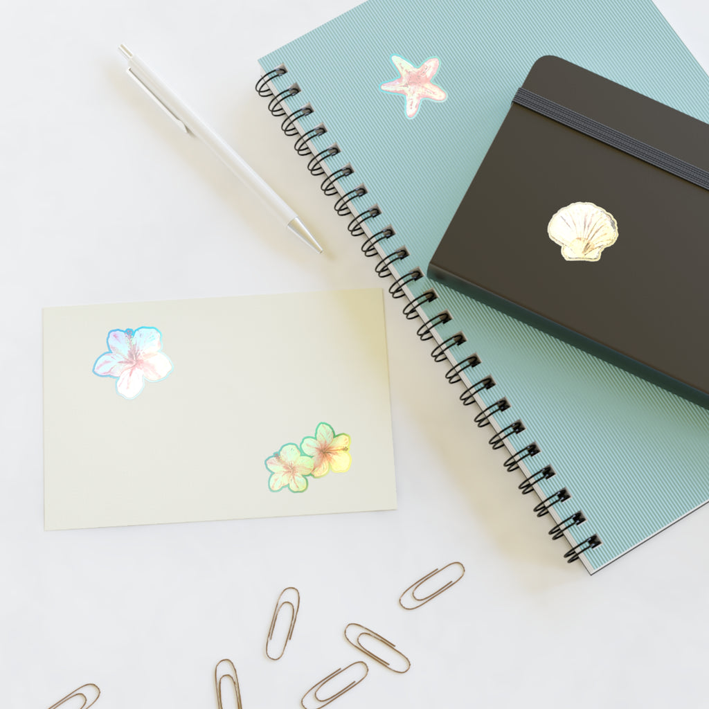Beach Floral Sticker Sheet — Tropical Plumeria, Starfish & Seashell Decals