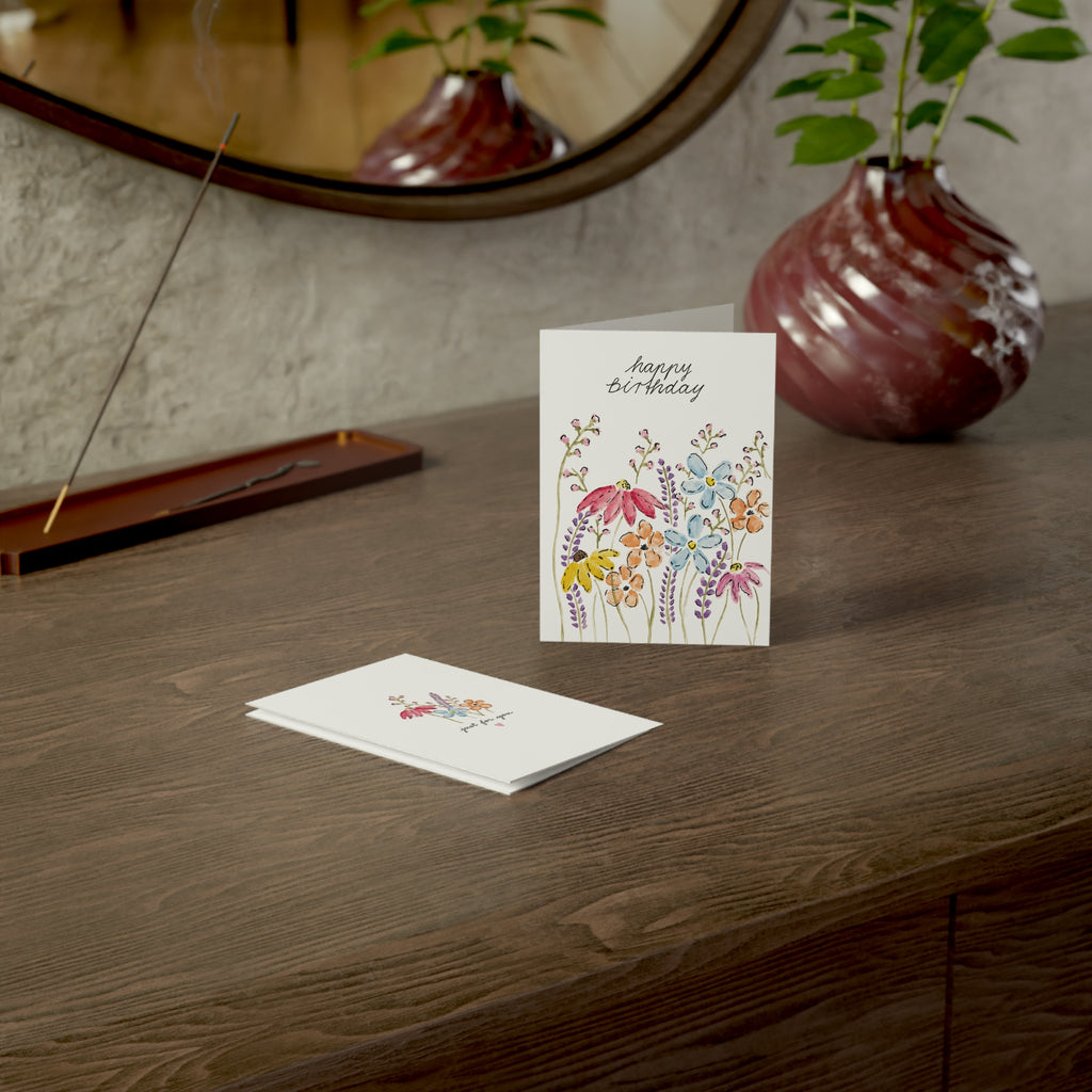 Floral Birthday Greeting Cards — Watercolor Wildflower "Happy Birthday" & "Just For You" Packs (1/10/30/50)