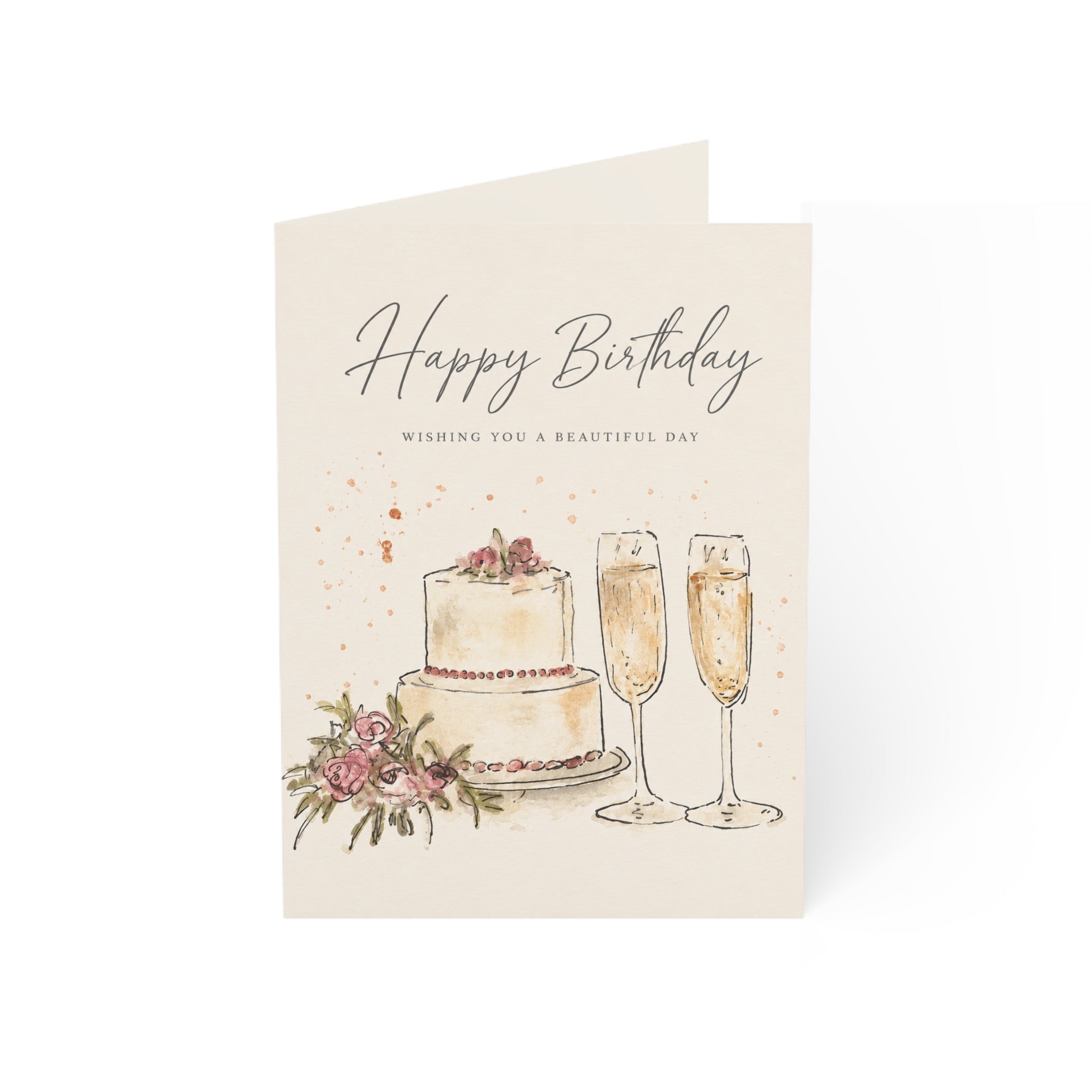Birthday Greeting Card — Elegant Cake & Champagne Design (1–50 pcs)
