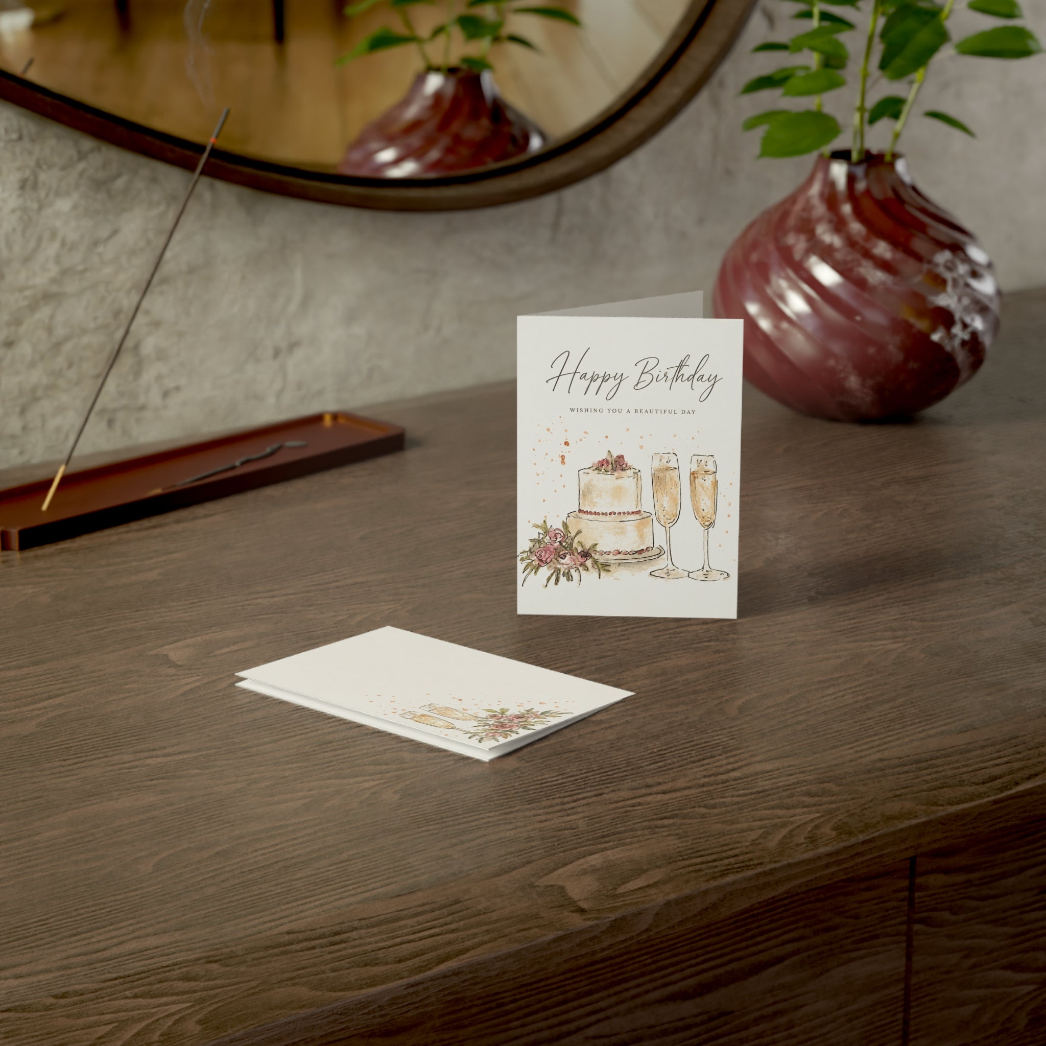 Birthday Greeting Card — Elegant Cake & Champagne Design (1–50 pcs)