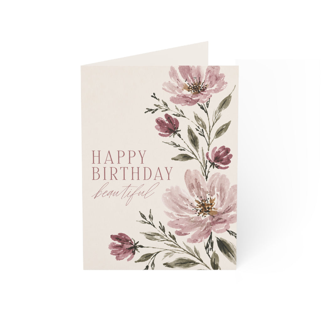 Floral "Happy Birthday Beautiful" Greeting Card — Pack of 1/10/30/50