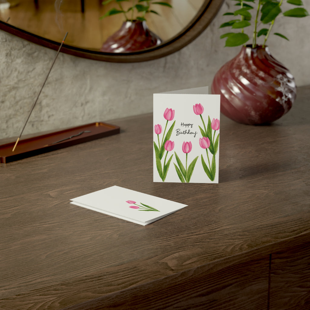 Birthday Tulip Greeting Card — Pink Watercolor Floral Cards (Single or Bulk Packs)